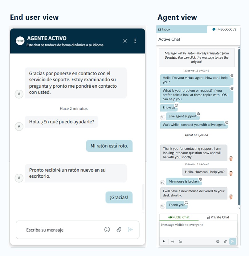 End user and agent views of translated ServiceNow chat conversation