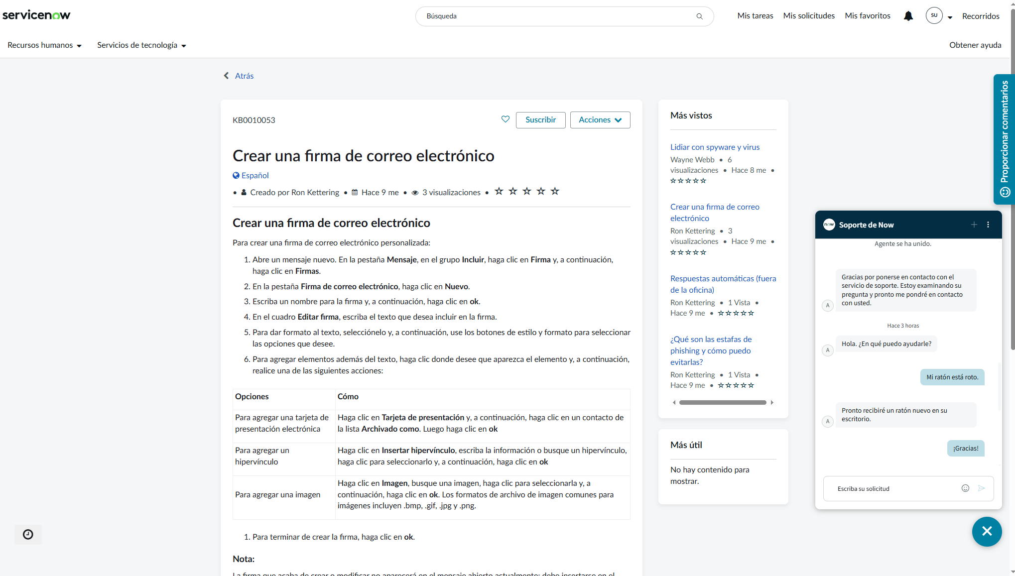 Translated ServiceNow portal knowledge article and support chat
